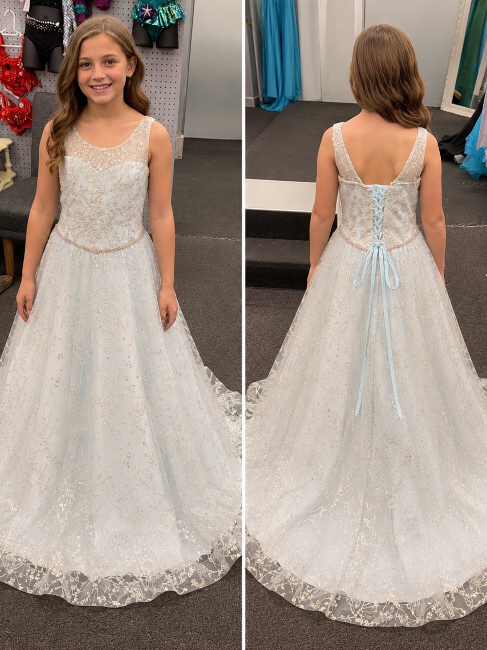 Girls Lace-Up Sparkle Tulle Formal Dress - Light Blue